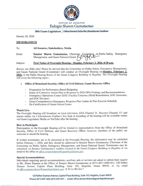 First Notice of Oversight Hearing - Monday, February 2, 2026, 8:30 a.m.