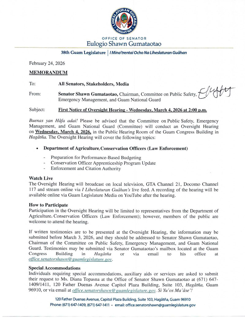 Second Notice of Oversight Hearing - Thursday, February 26, 2026, 2:00 p.m.