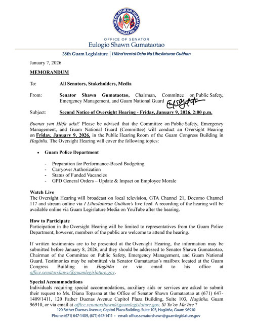 Second Notice of Oversight Hearing - Friday, January 9, 2026, 2:00 p.m.