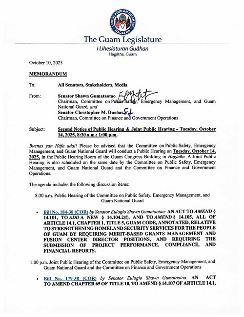 Second Notice of Public Hearing & Joint Public Hearing – Tuesday, October 14, 2025, 8:30 a.m.; 1:00 p.m.