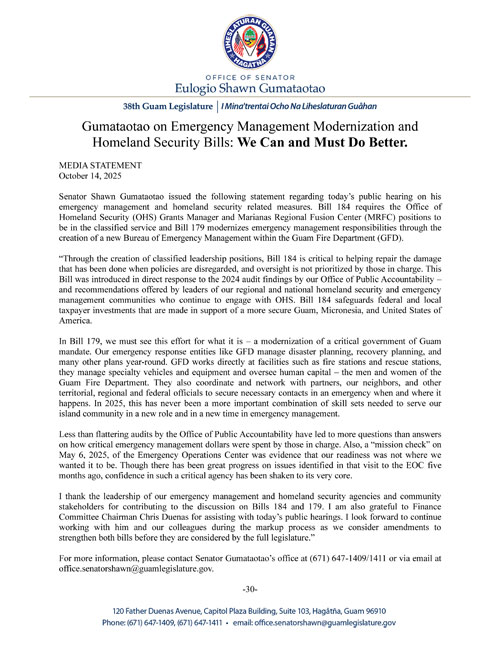 Gumataotao on Emergency Management Modernization and Homeland Security Bills:  We Can and Must Do Better.