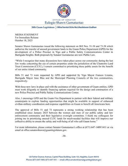 Senator Gumataotao's Statement on the Acting Governor's Approval of Bills Prioritizing Public Properties for Police Precinct and Public Safety Communications Center