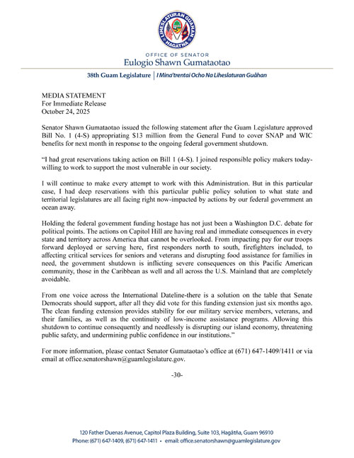 Senator Gumataotao's Statement on the Legislature's Approval of Local Funding for SNAP and WIC Programs Impacted by the Federal Government Shutdown