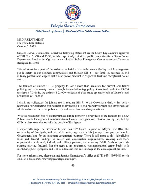 Senator Gumataotao's Statement on the Legislature's Approval of Bills Prioritizing Public Properties for Yigo Police Precinct and Public Safety Emergency Communications Center