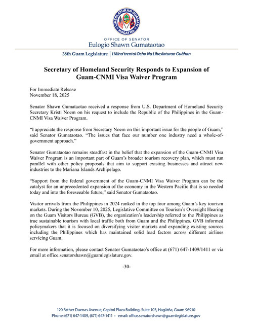 Secretary of Homeland Security Responds to Expansion of Guam-CNMI Visa Waiver Program