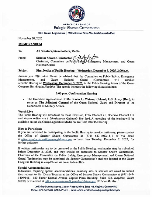 First Notice of Public Hearing – Wednesday, December 3, 2025, 2:00 p.m.