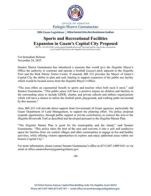 Sports and Recreational Facilities Expansion in Guam’s Capital City Proposed