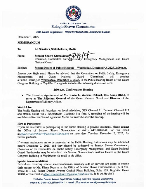 Second Notice of Public Hearing – Wednesday, December 3, 2025, 2:00 p.m.