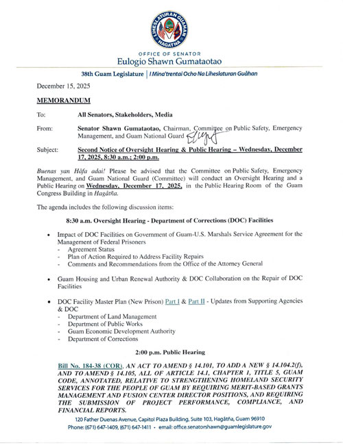 Second Notice of Oversight Hearing and Public Hearing - Wednesday, December 17, 2025, 8:30 a.m. and 2:00 p.m.