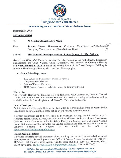 First Notice of Oversight Hearing - Friday, January 9, 2026, 2:00 p.m.