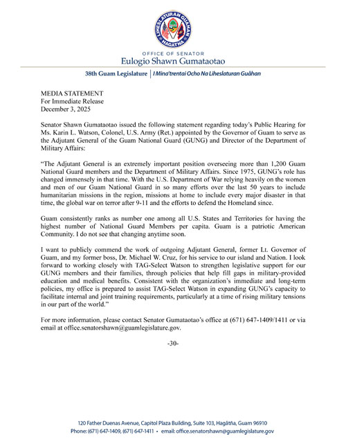 Senator Gumataotao's Statement on the Confirmation Hearing for TAG-Select Watson