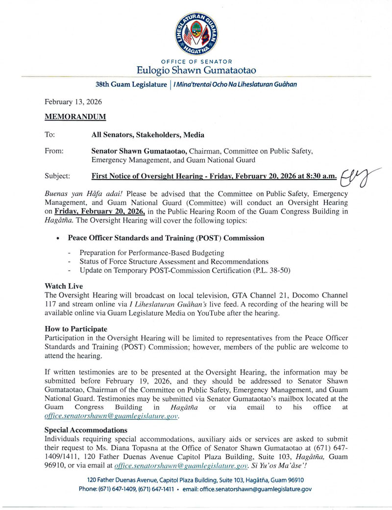 First Notice of Oversight Hearing - Friday, February 20, 2026, 8:30 a.m.