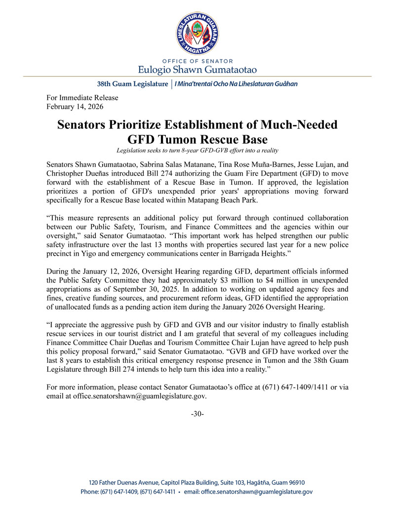 Senators Prioritize Establishment of Much-Needed GFD Tumon Rescue Base