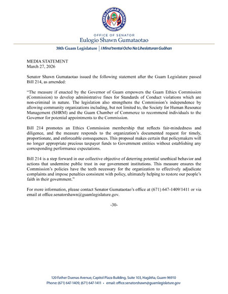 Senator Gumataotao's Statement on the Legislature's Approval of Bill 214 Empowering the Guam Ethics Commission