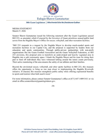 Senator Gumataotao's Statement on the Legislature's Approval of Bill 233 Prioritizing Unused Public Land for Sports Facilities