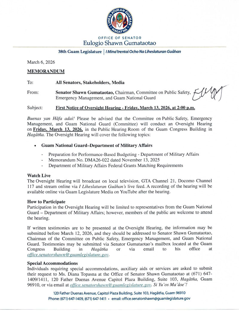 First Notice of Oversight Hearing - Friday, March 13, 2026, 2:00 p.m.