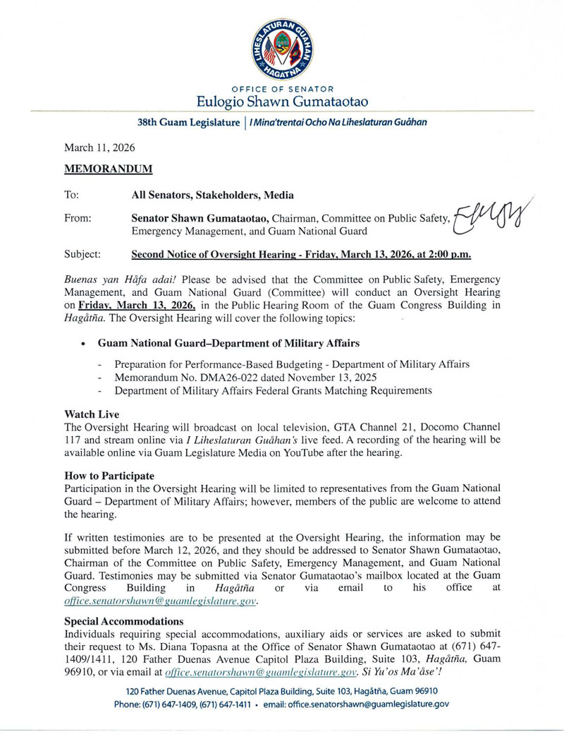 Second Notice of Oversight Hearing - Friday, March 13, 2026, 2:00 p.m. 