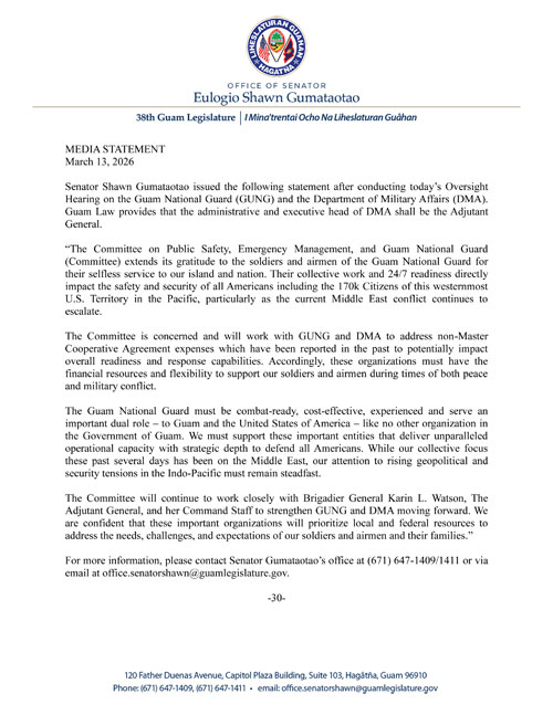 Senator Gumataotao's Statement Regarding Today's Oversight Hearing on the Guam National Guard-Department of Military Affairs