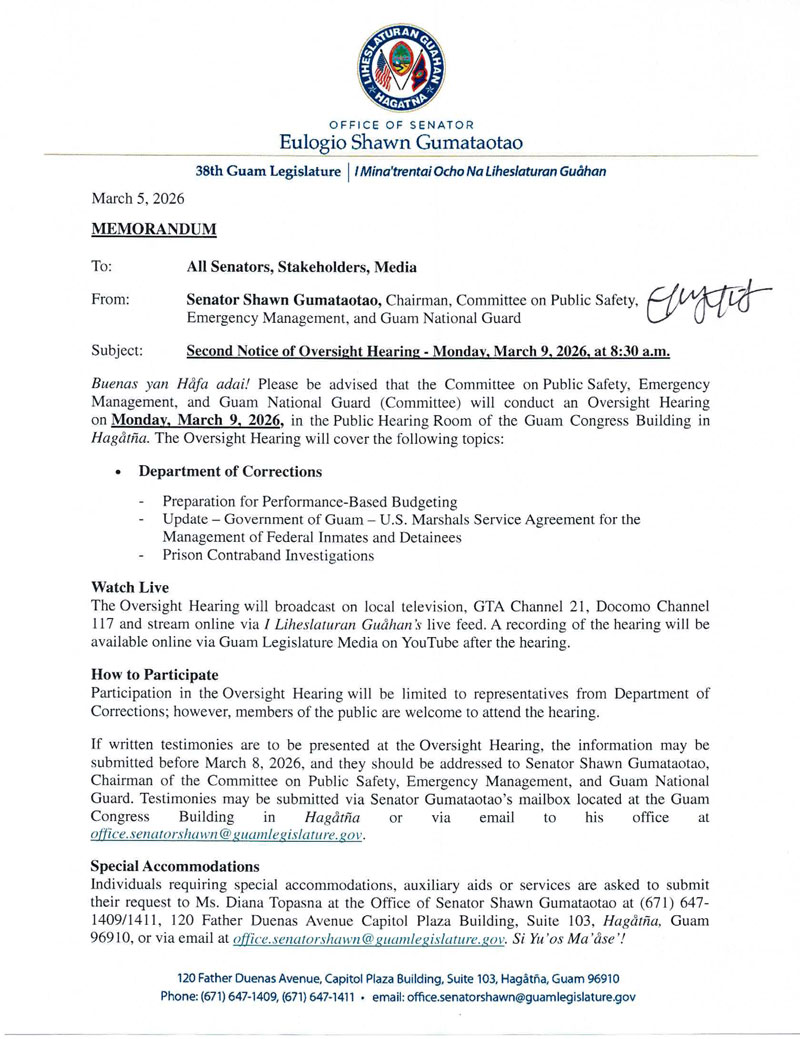 Second Notice of Oversight Hearing - Monday, March 9, 2026, 8:30 a.m.