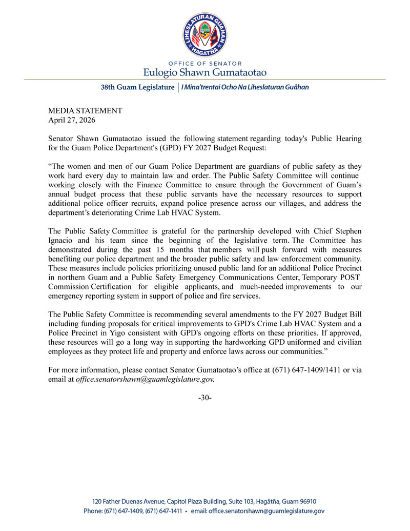 Senator Gumataotao's Statement on Today's Public Hearing for GPD's FY 2027 Budget Request