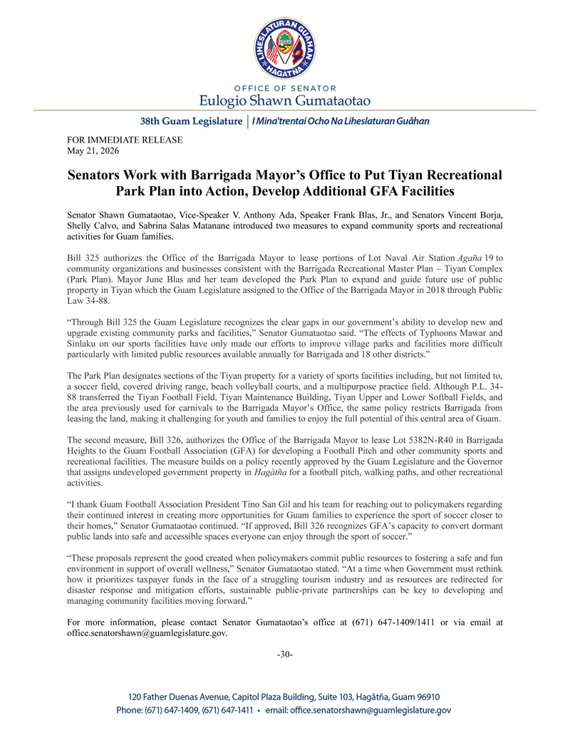 Senators Work with Barrigada Mayor’s Office to Put Tiyan Recreational Park Plan into Action, Develop Additional GFA Facilities