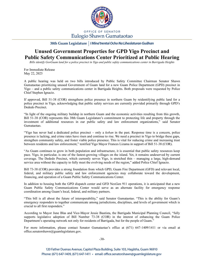 Unused Government Properties for GPD Yigo Precinct and Public Safety Communications Center Prioritized at Public Hearing