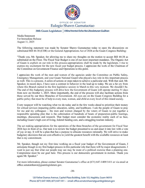 Senator Gumataotao's Statement on the FY 2026 Budget Bill 44-38 (COR, As Substituted
