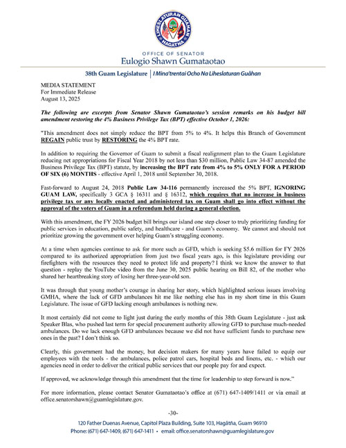 Senator Gumataotao's Statement on Budget Bill Amendment Restoring 4% BPT