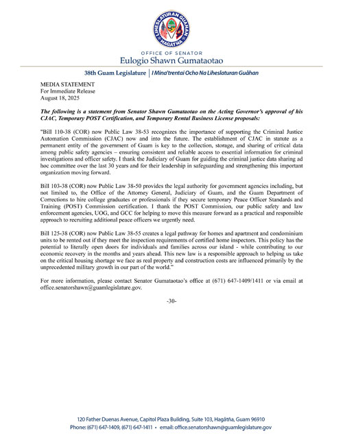 Senator Gumataotao's Statement on the Approval of CJAC, Temporary POST Certification, and Temporary Business License Bills