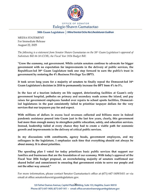 Senator Gumataotao's Statement on the Approval of SB44-38 (COR) - FY 2026 Budget Bill