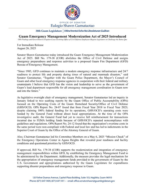 Guam Emergency Management Modernization Act of 2025 Introduced