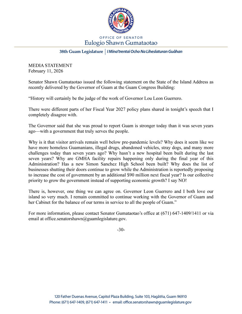 Senator Gumataotao's Statement on the Governor's SOTI Address