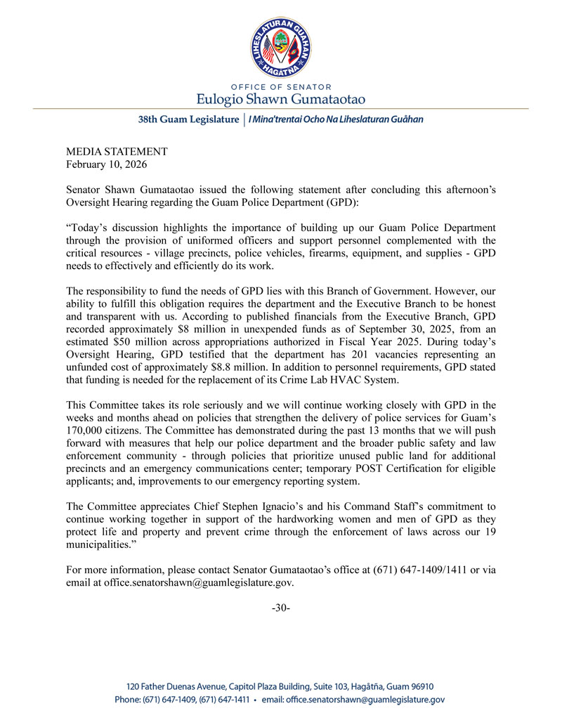 Senator Gumataotao's Statement on Today's Oversight Hearing Regarding the Guam Police Department