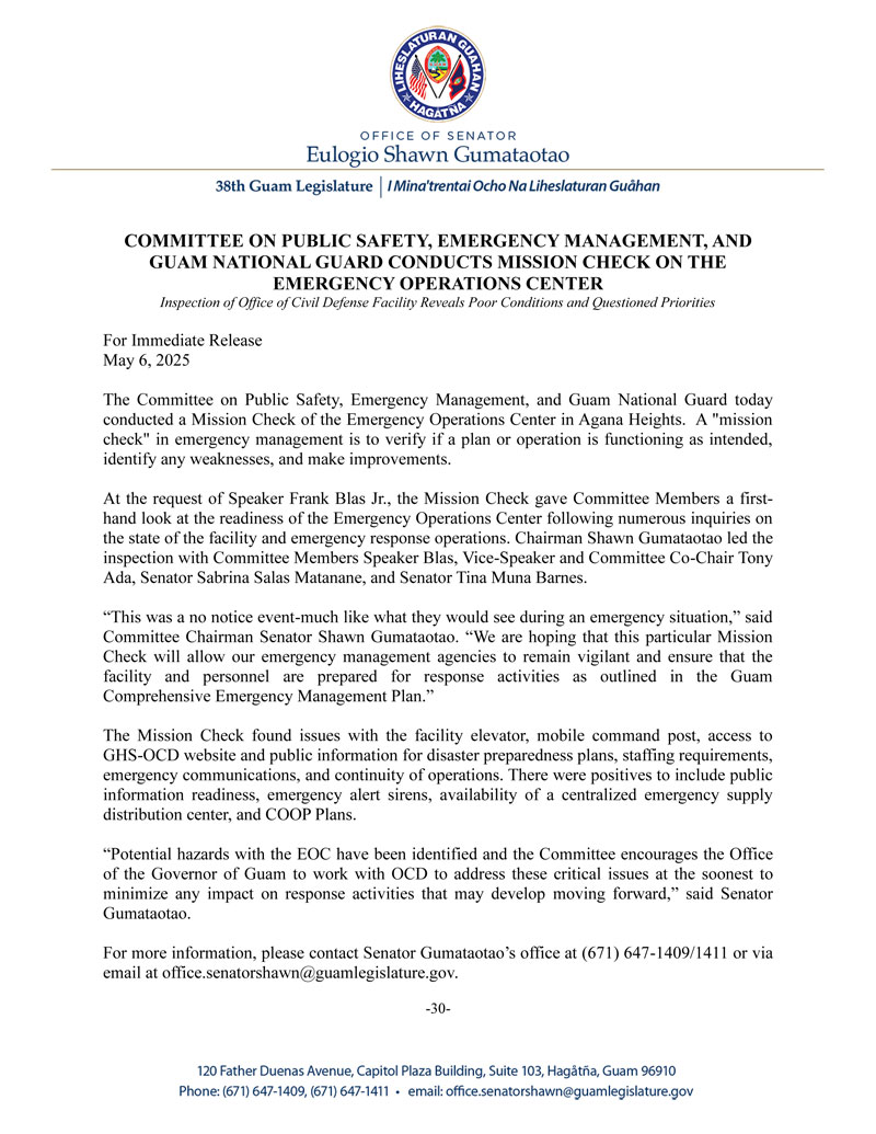 COMMITTEE ON PUBLIC SAFETY, EMERGENCY MANAGEMENT, AND GUAM NATIONAL GUARD CONDUCTS MISSION CHECK ON THE EMERGENCY OPERATIONS CENTER