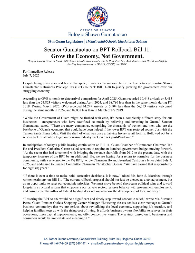 Senator Gumataotao on BPT Rollback Bill 11: Grow the Economy, Not Government