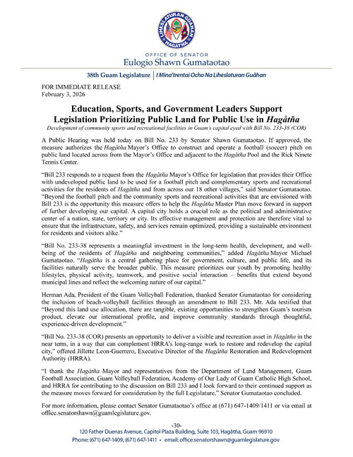 Education, Sports, and Government Leaders Support Legislation Prioritizing Public Land for Public Use in Hagåtña