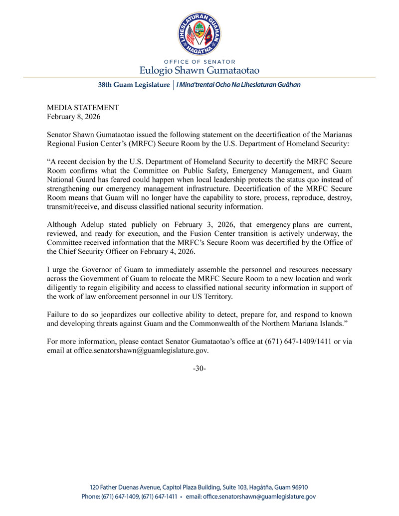 Senator Gumataotao's Statement on the Decertification of the Marianas Regional Fusion Center Secure Room