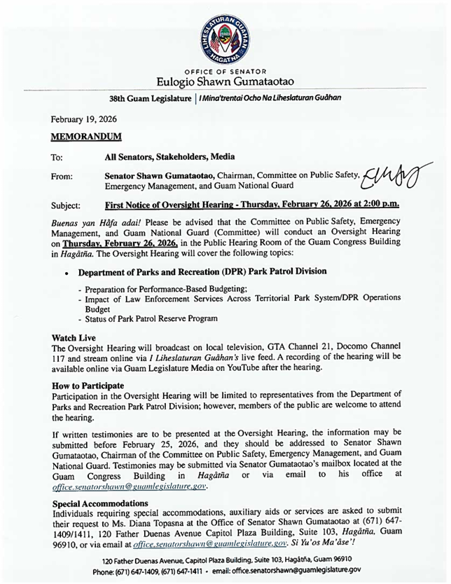 First Notice of Oversight Hearing - Thursday, February 26, 2026, 2:00 p.m.